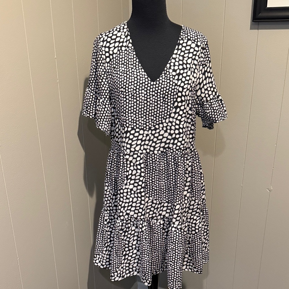 Fancyinn Black and White Polka Dot Ruffle Bell Sleeve V Neck Formal Midi Dress